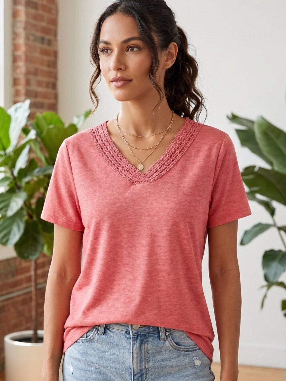 NWT | Heather Rose V-Neck Crochet Lace Inset Short Sleeve Knit Top | Medium